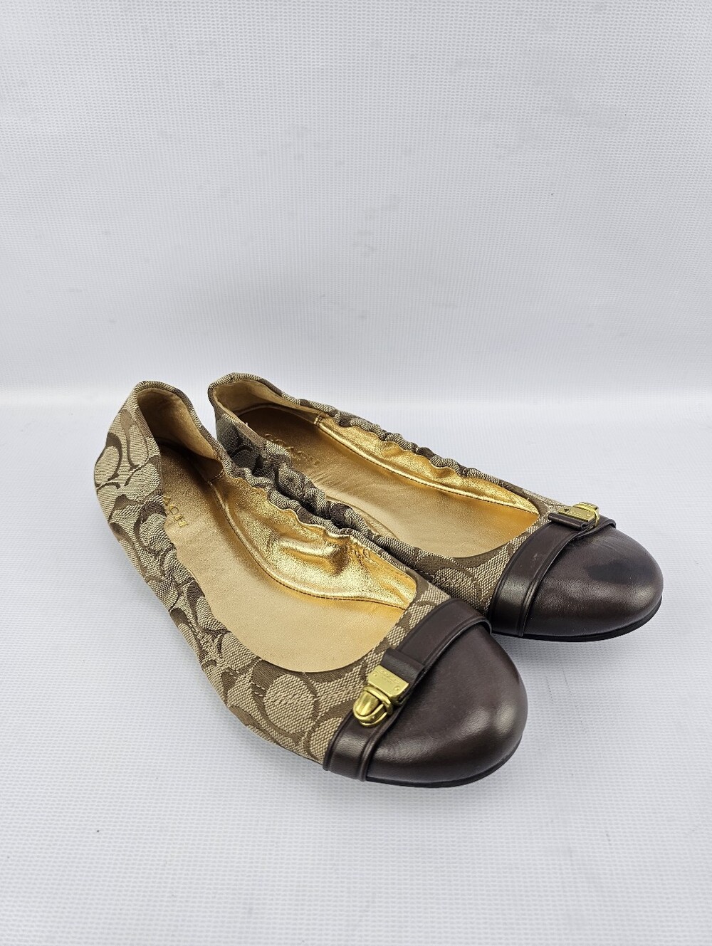 Coach Women's Delphine Signature Jacquard Ballet Flats Brown Tan Size 9